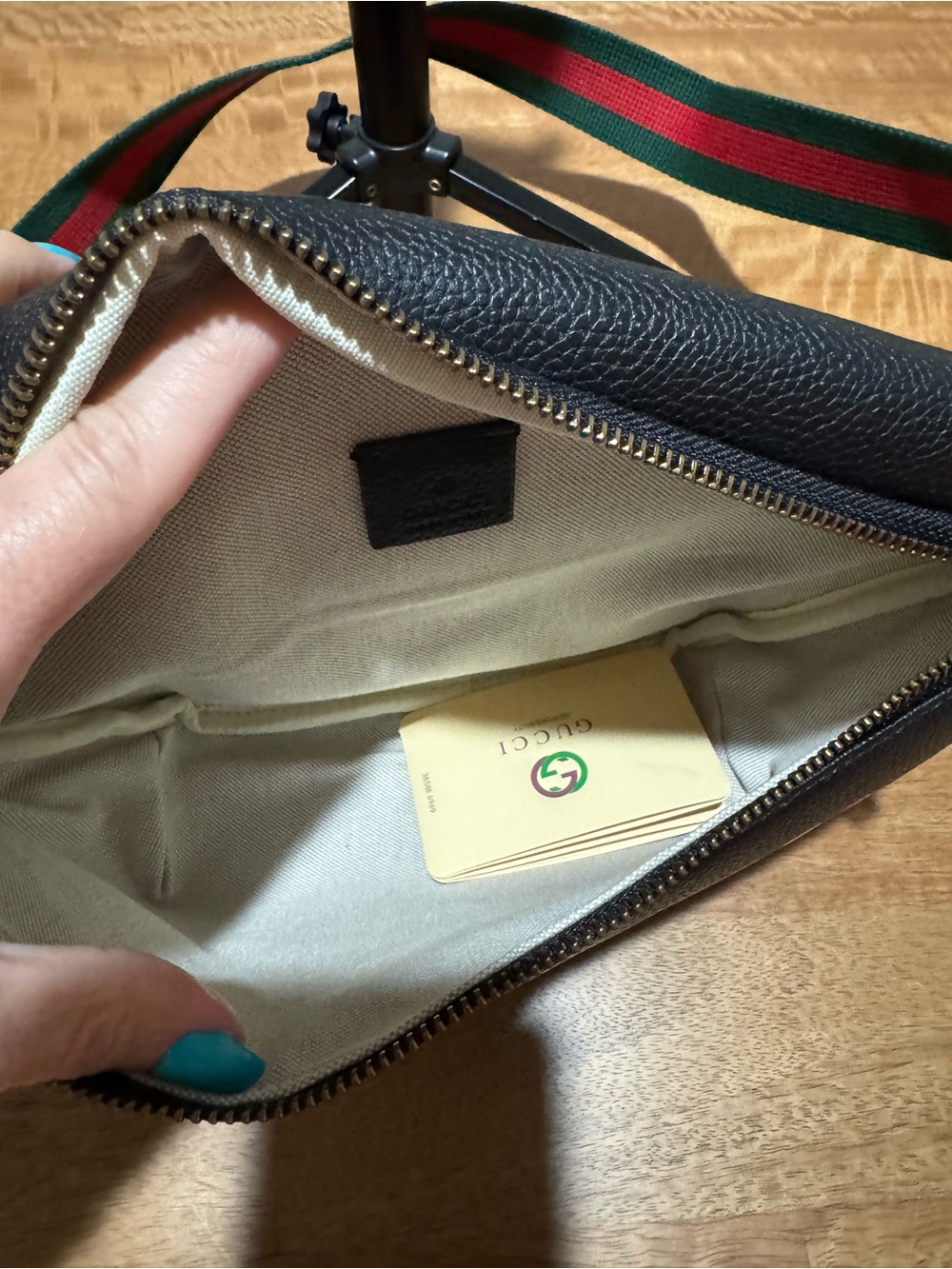 Black Leather Crossbody Belt Bag with Green-Red Stripe - Picture 3 of 5
